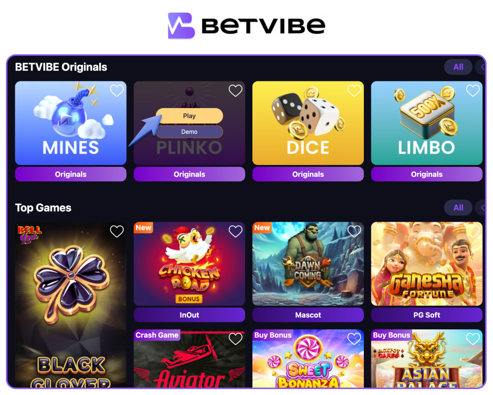 Popular casino games on BetVibe India platform