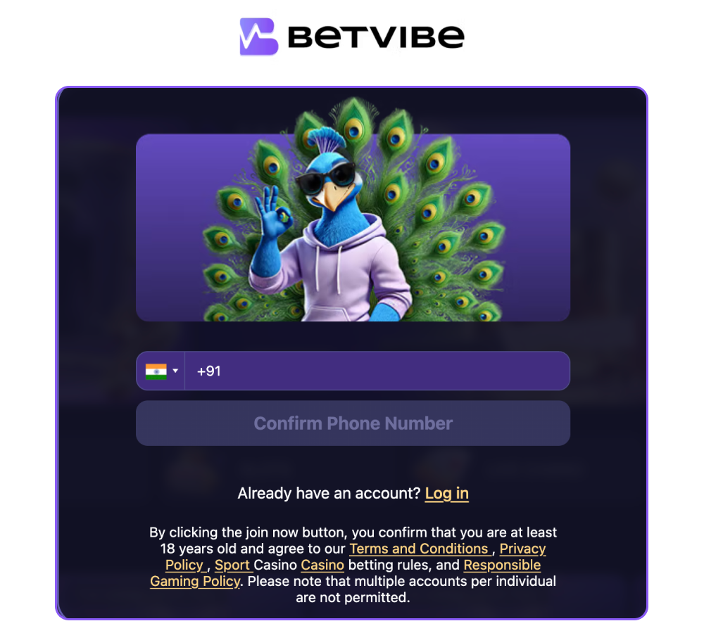 Create account on BetVibe India website