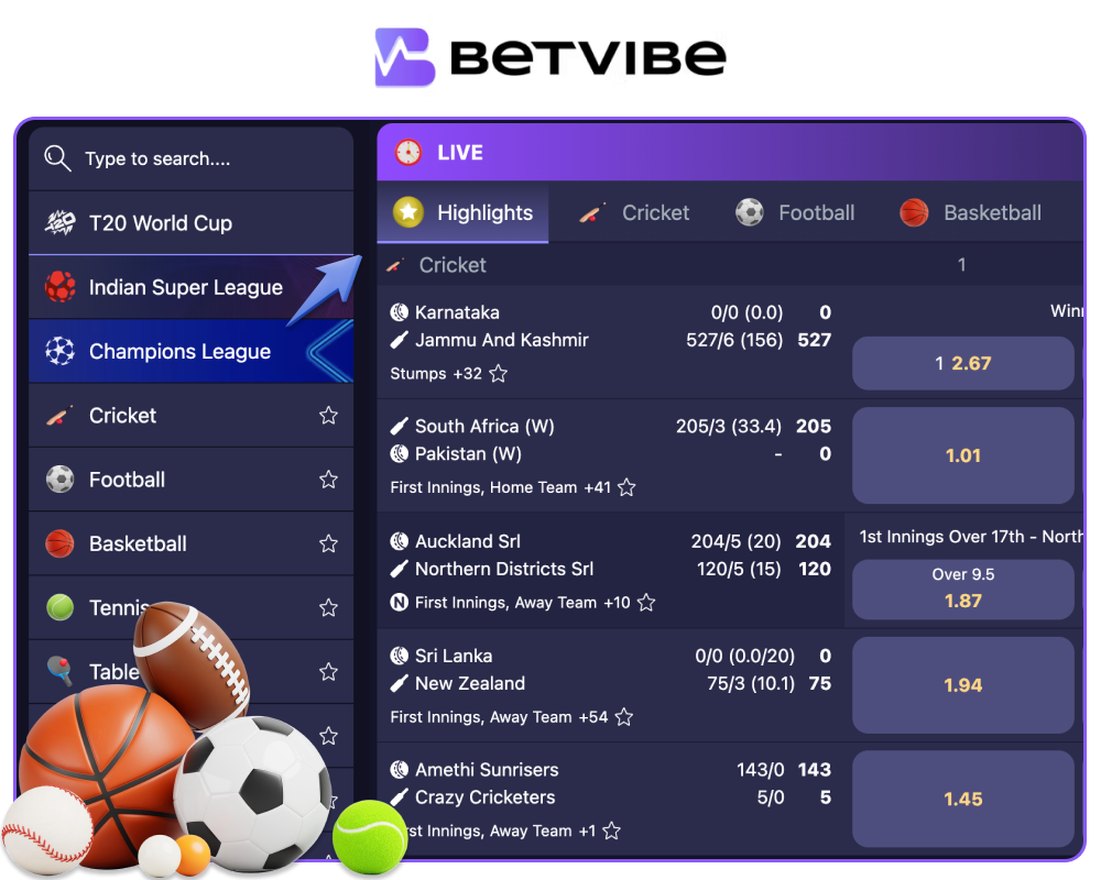Sports betting markets available on BetVibe India